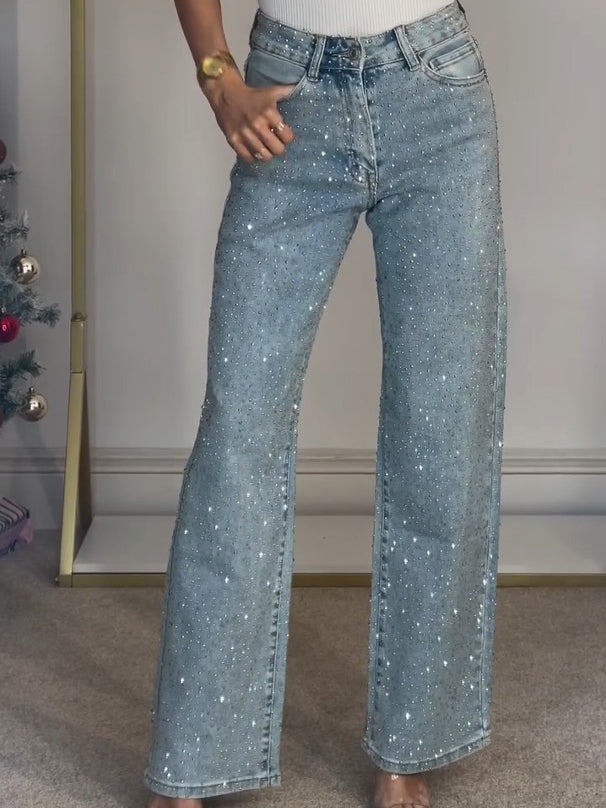 High-Waisted Diamanté Straight-Leg Jeans