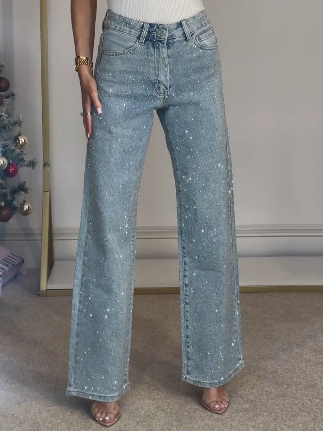 High-Waisted Diamanté Straight-Leg Jeans