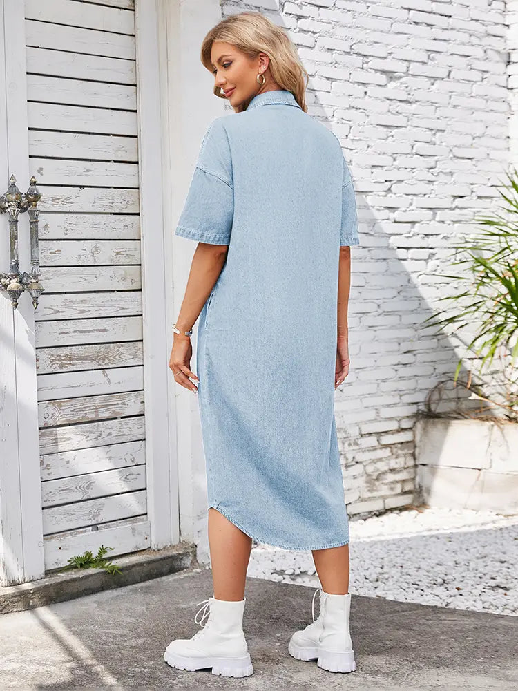 Fit Denim Short-Sleeve Maxi Dress