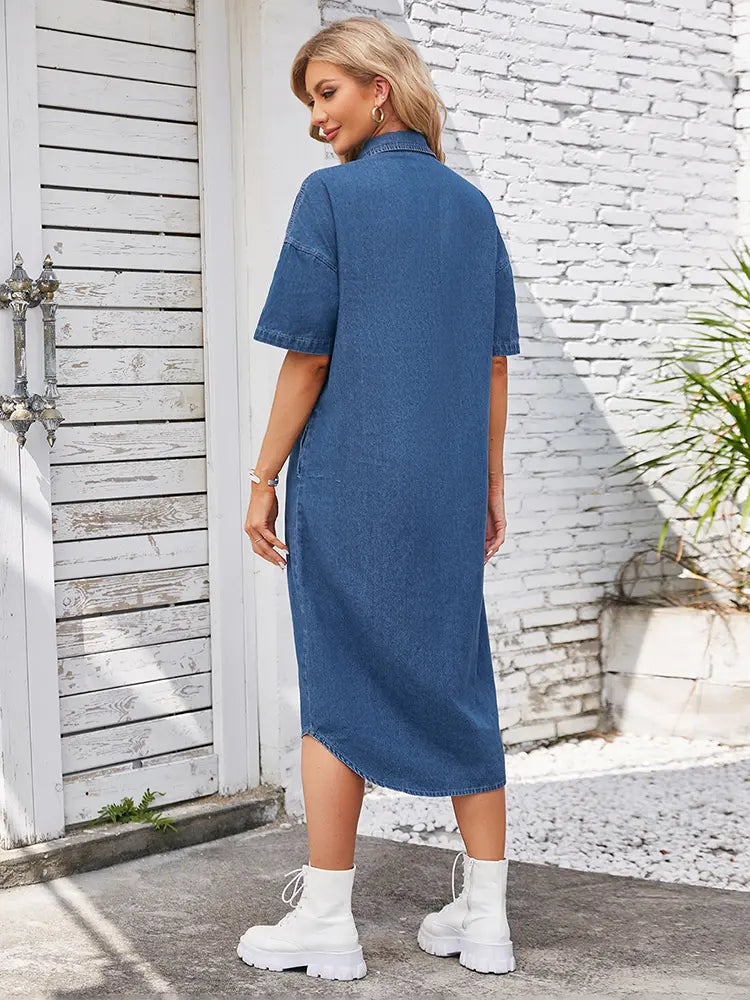 Fit Denim Short-Sleeve Maxi Dress