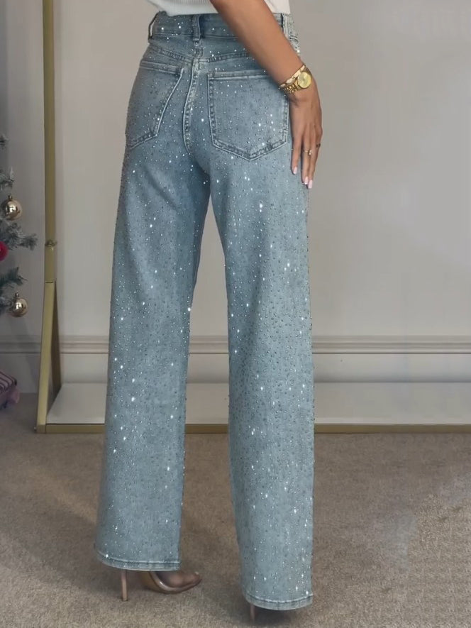 High-Waisted Diamanté Straight-Leg Jeans