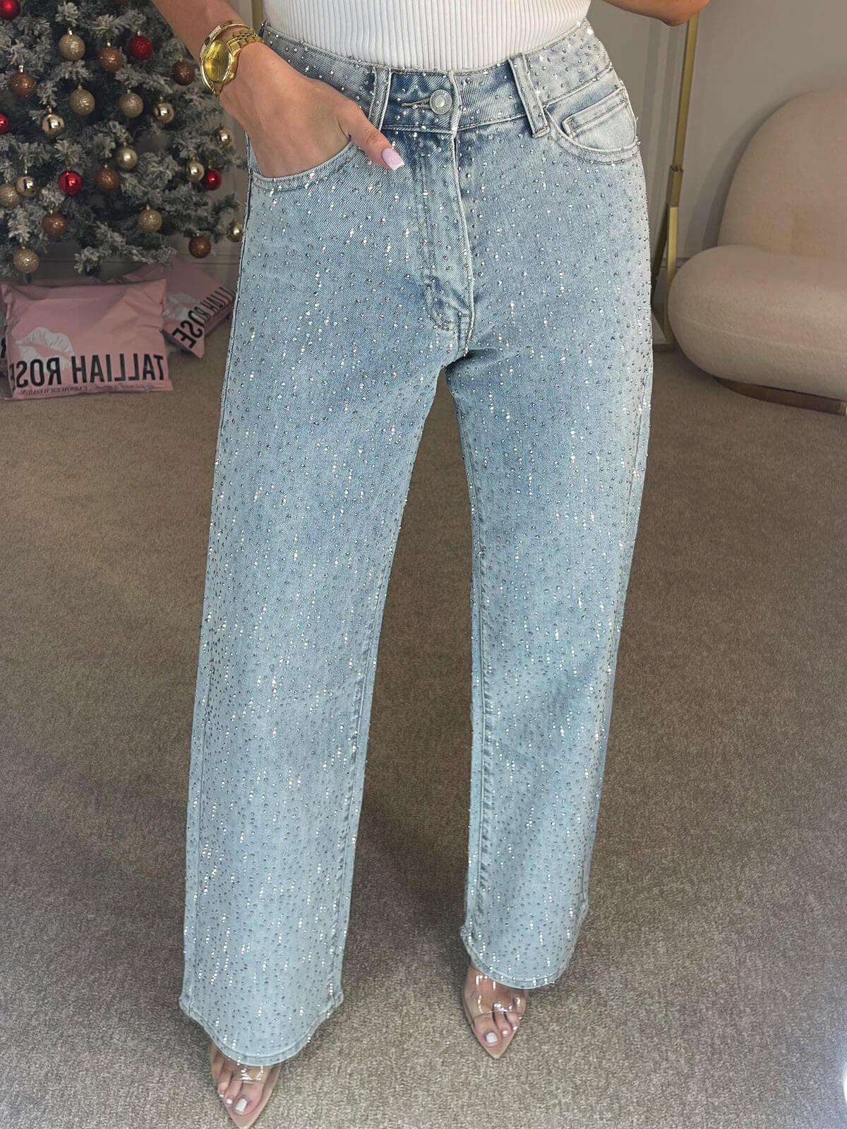 High-Waisted Diamanté Straight-Leg Jeans
