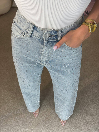 High-Waisted Diamanté Straight-Leg Jeans